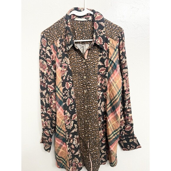 Soft Surroundings Icon Print Mix Tunic Shirt Black Thrush Size Large Flannel Top - Picture 2 of 10